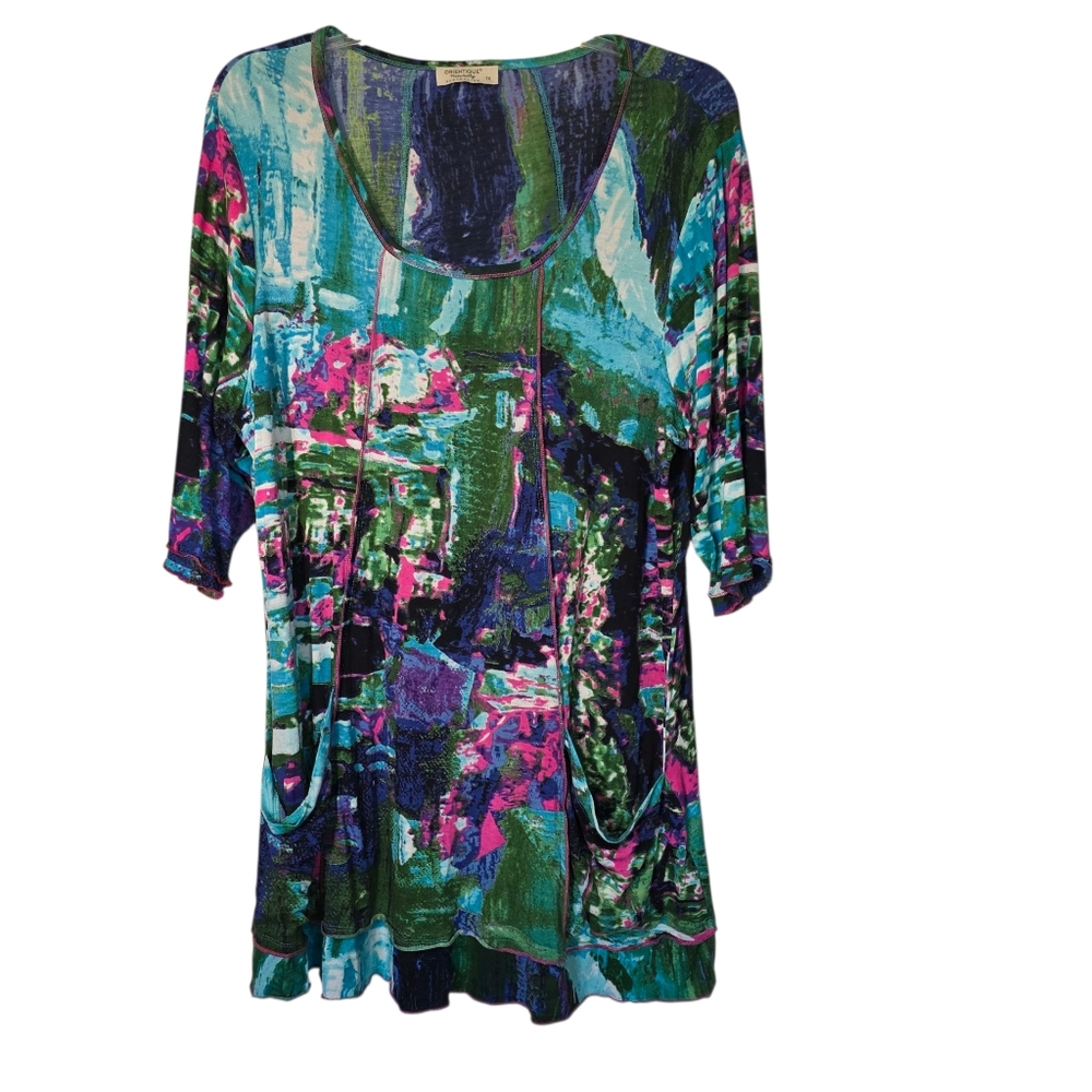 Orientique Naturally Australian Wearable Art Colorful Abstract Tunic Top 1X EUC